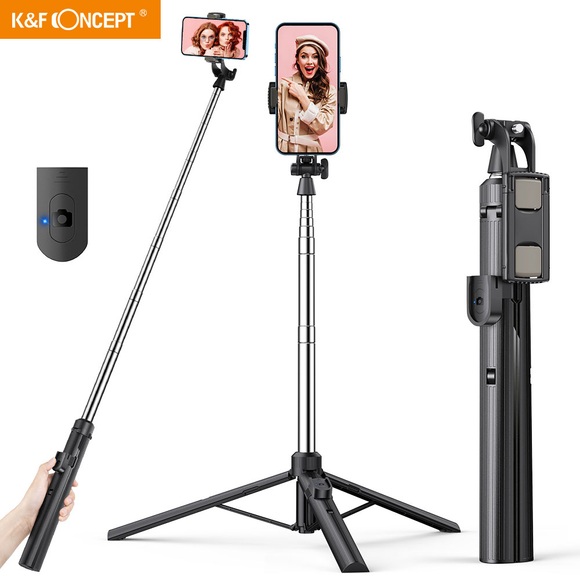 K&F Concept Tripod Floor Stand Foldable for iPhone Samsung Xiaomi Huawei with Bluetooth remote control and Fill light interface