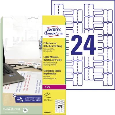 Avery-Zweckform L7950-20 Etiketten 60 x 40 mm Polyester-Folie Weiß 480 St. Permanent Kabel-Etiketten Laser