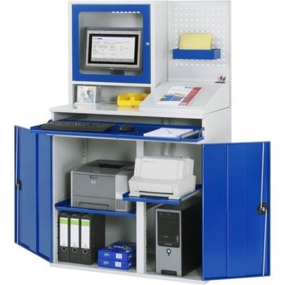 RAU Computer-Arbeitsstation Monitorgehäuse, 2 Ausziehböden Breite 1100 mm, lichtgrau / enzianblau
