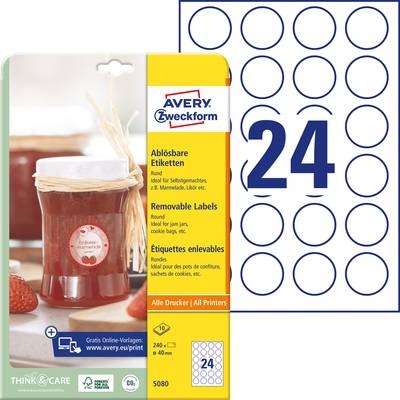 AVERY® Zweckform Klebeetiketten, blanko, Ø 40 mm, rund, für alle Drucker, weiß