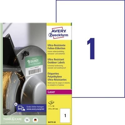 Avery-Zweckform B4775-50 210 x 297 mm Polyethylenfolie Weiß 50 St. Permanent Universal-Etiketten Laser 50 Blatt DIN A4