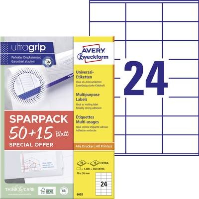 Avery-Zweckform 6602 70 x 36 mm Papier Weiß 1560 St. Permanent Universal-Etiketten Laser 65 Blatt DIN A4