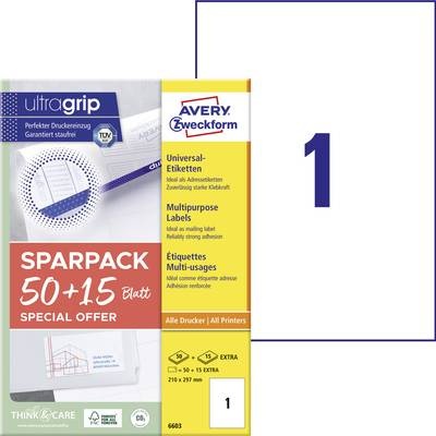Avery-Zweckform 6603 210 x 297 mm Papier Weiß 65 St. Permanent Universal-Etiketten Laser 65 Blatt DIN A4