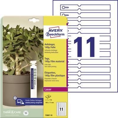 Avery-Zweckform T3007-10 Etiketten (A4) 160 x 17 mm Polyester Weiß 110 St. Nicht klebend Schlaufenanhänger-Etiketten