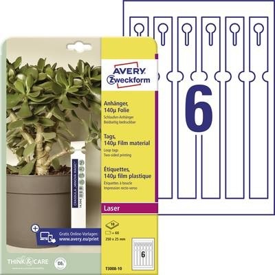 Avery-Zweckform T3008-10 Etiketten (A4) 250 x 25 mm Polyester Weiß 60 St. Nicht klebend Schlaufenanhänger-Etiketten