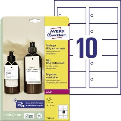 Avery-Zweckform T1001-10 Etiketten (A4) 90 x 50 mm Karton Weiß 100 St. Nicht klebend Anhänger-Etiketten