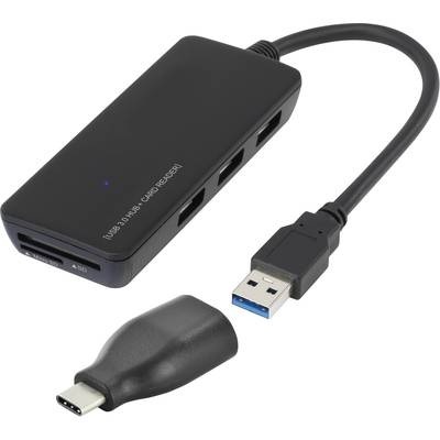3 Port USB 3.0-Hub mit USB Type-C™ Adapter mit eingebautem SD-Kartenleser Renkforce Schwarz