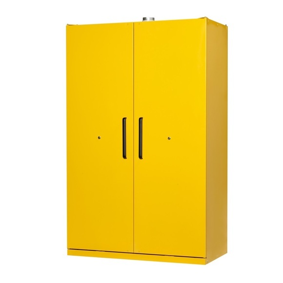 Justrite Sicherheitsschrank EN 90, Auffangwanne, 3 Fachböden, 2-Türen, H 2070 x B 1200 x T 600 mm, gelb