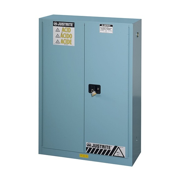 Justrite FM-Sicherheitsschrank HxBxT 1651 x 1092 x 457 mm, selbstschließende Türen für Säuren, Laugen, blau