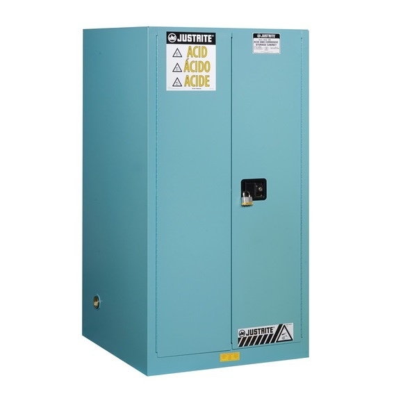 Justrite FM-Sicherheitsschrank HxBxT 1651 x 864 x 864 mm, selbstschließende Türen für Säuren, Laugen, blau