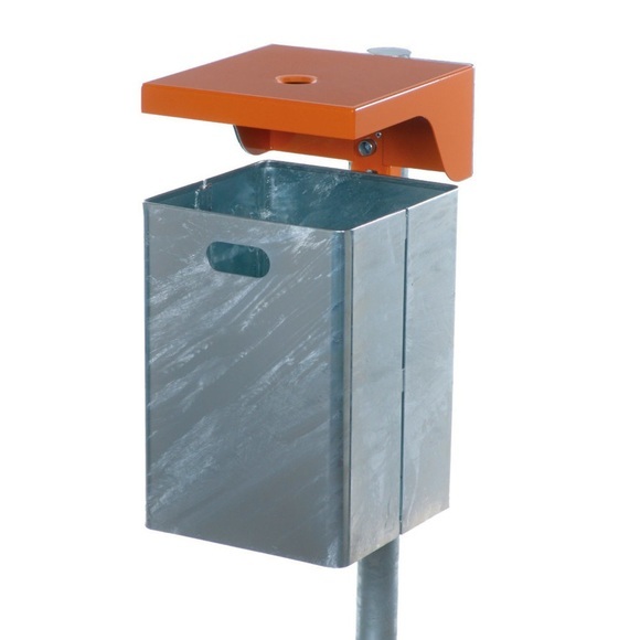 Abfallbehälter mit Schutzdach und Ascher, Stahlblech, 40 Liter, Höhe 900 mm, zum Aufdübeln, inkl. Pfosten