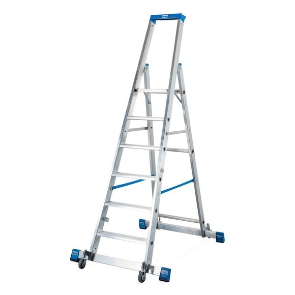 KRAUSE® Stufen-Stehleiter Profi, 1-seitig begehbar, mit Traverse und Rollen, Standhöhe 1,40 m