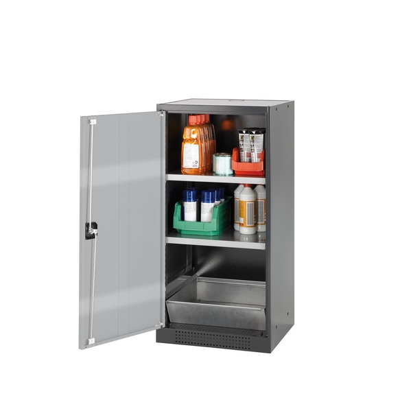 Chemikalienschrank, Flügeltür, 2 Böden, 545x520x1105 mm, silber