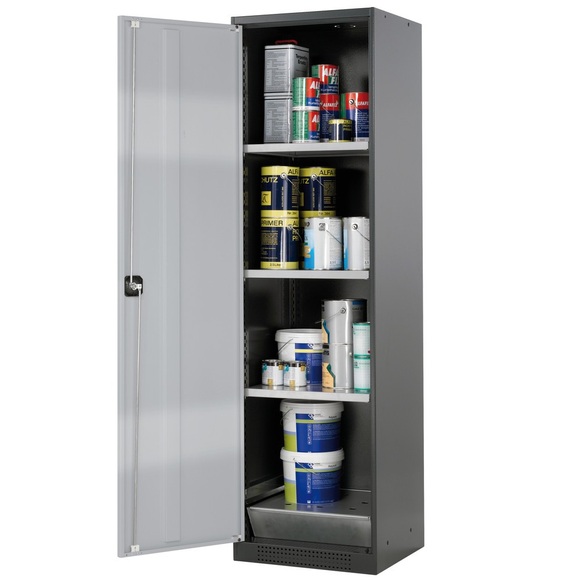 Chemikalienschrank, Flügeltür, 3 Böden, 545x520x1950 mm, silber