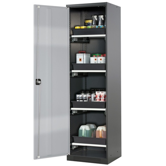 Chemikalienschrank, Flügeltür, 4 Auszugswannen, 545x520x1950 mm, silber