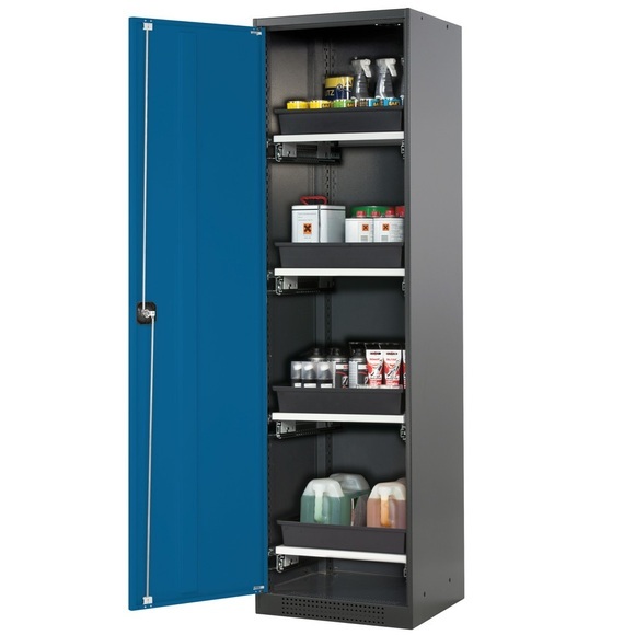 Chemikalienschrank, Flügeltür, 4 Auszugswannen, 545x520x1950 mm, enzianblau