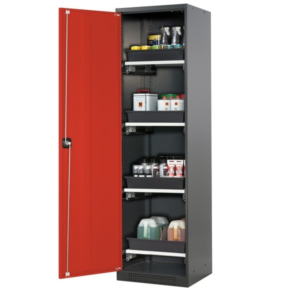 Chemikalienschrank, Flügeltür, 4 Auszugswannen, 545x520x1950 mm, verkehrsrot