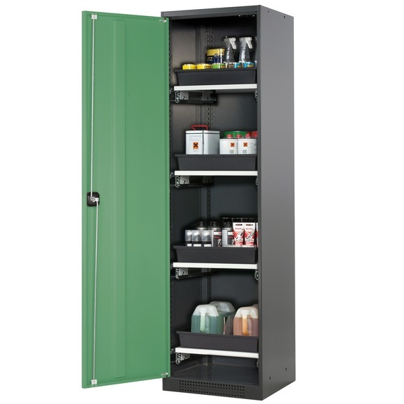 Chemikalienschrank, Flügeltür, 4 Auszugswannen, 545x520x1950 mm, resedagrün