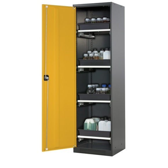 Chemikalienschrank, Flügeltür, 4 Auszugswannen, 545x520x1950 mm, sicherheitsgelb