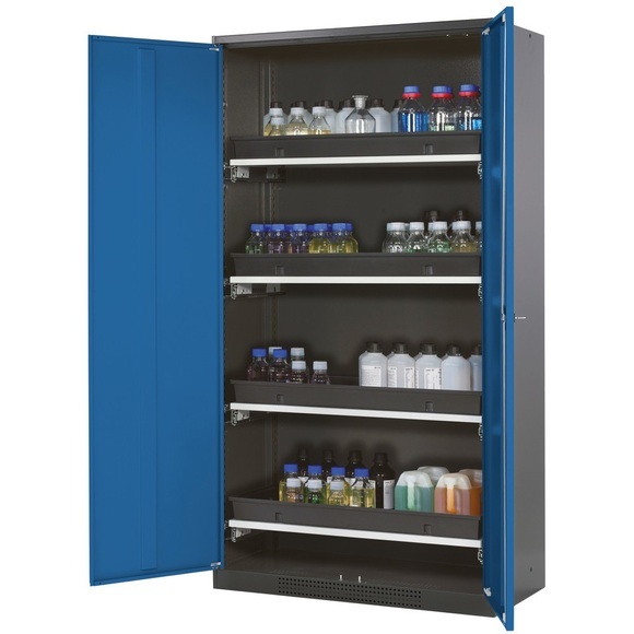 Chemikalienschrank, Flügeltür, 4 Auszugswannen, 1055x520x1950 mm, enzianblau