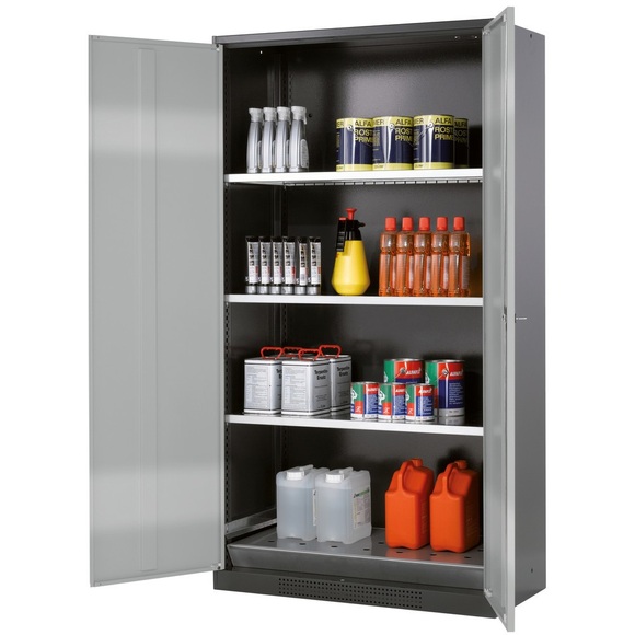 Chemikalienschrank asecos, Flügeltür, 3 Böden, 1055x520x1950 mm, silber
