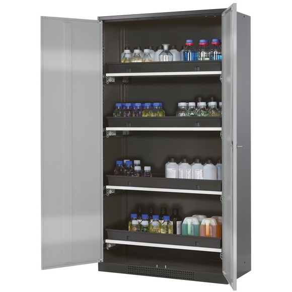 Chemikalienschrank, Flügeltür, 4 Auszugswannen, 1055x520x1950 mm, silber