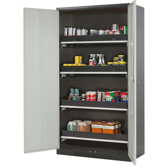 Chemikalienschrank, Flügeltür, 4 Auszugswannen, 1055x520x1950 mm, lichtgrau