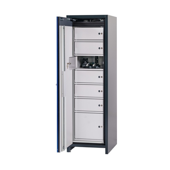 asecos® Sicherheitsschrank Typ 90 für Lithium-Ionen-Batterien ION-CORE-CHARGE, HxBxT 1953x599x615 mm, 1x Schliessfachsystem, 1x Bodenauffangwanne, 2x Steckdosenleiste (CH-Ausführung)