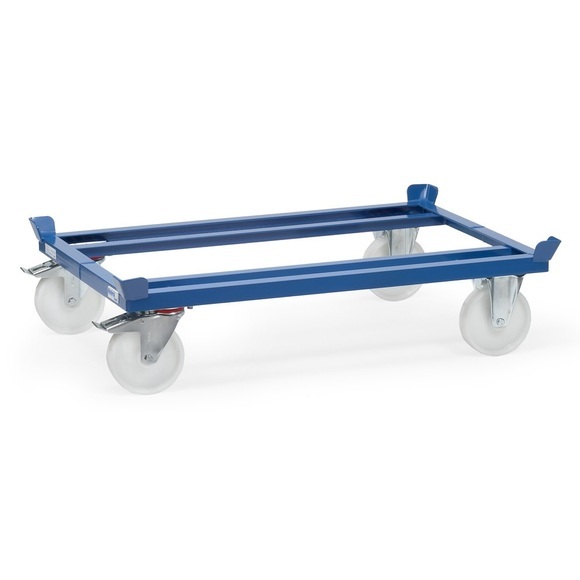 Paletten-Fahrgestell, Stahl, bis 1050 kg, blau,  Polyamid-Bereifung, mit Feststeller