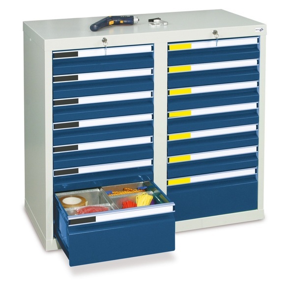 stumpf® Schubladenschrank Premium, Schubladen 12x100 + 2x200 mm, HxBxT 900 x 1.000 x 500 mm, lichtgrau/enzianblau