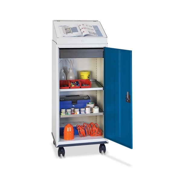 stumpf® Mobiler Werkstatt-Flügeltürschrank mit Schreibpult + 1 Schublade + 2 Wannen, grau/blau