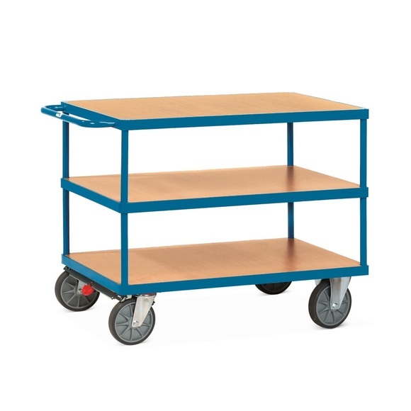 fetra® Schwerer Tisch- und Montagewagen, 3 Etagen à 500 x 850 mm, mit Zentralbremse