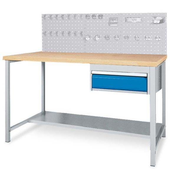 Komplett-Set Werkbanktisch mit Schublade + Lochplattenrückwand + Hakensortiment, HxBxT 1.310 x 2.000 x 750 mm