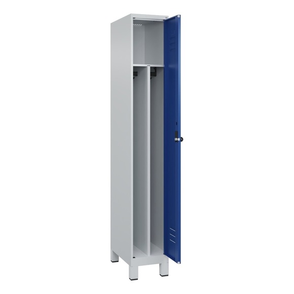 C+P Spind Classic PLUS, Füsse, 1 Abteil, HxBxT 1.950 x 300 x 500 mm, lichtgrau, enzianblau, für Vorhängeschloss, mit Mitteltrennwand