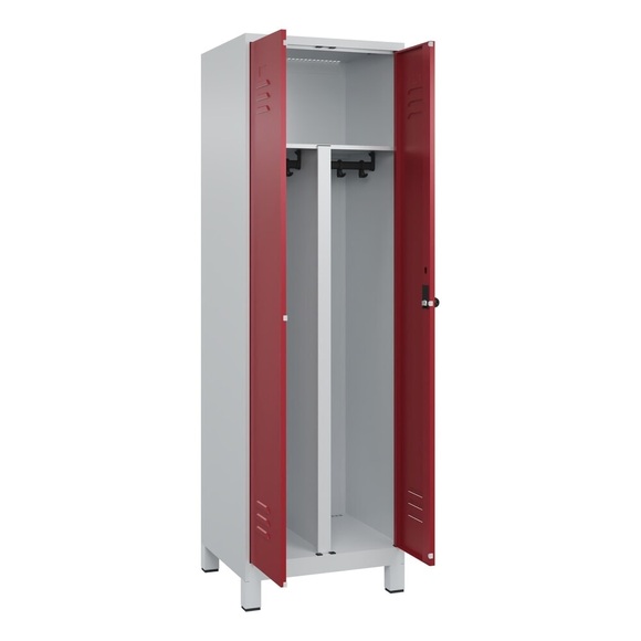 C+P PSA Doppel-Spind Classic PLUS, Füsse, 2 Abteile, HxBxT 1.950 x 600 x 500 mm, lichtgrau, rubinrot, für Vorhängeschloss