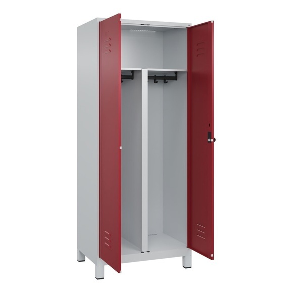 C+P PSA Doppel-Spind Classic PLUS, Füsse, 2 Abteile, HxBxT 1.950 x 800 x 500 mm, lichtgrau, rubinrot, für Vorhängeschloss