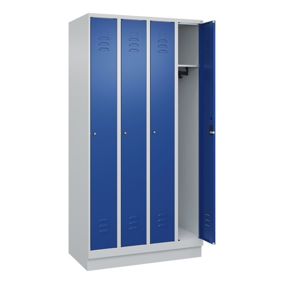 C+P Spind Classic PLUS, Sockel, 4 Abteile, HxBxT 1.950 x 1.000 x 500 mm, lichtgrau, enzianblau, Zylinderschloss, ohne Mitteltrennwand