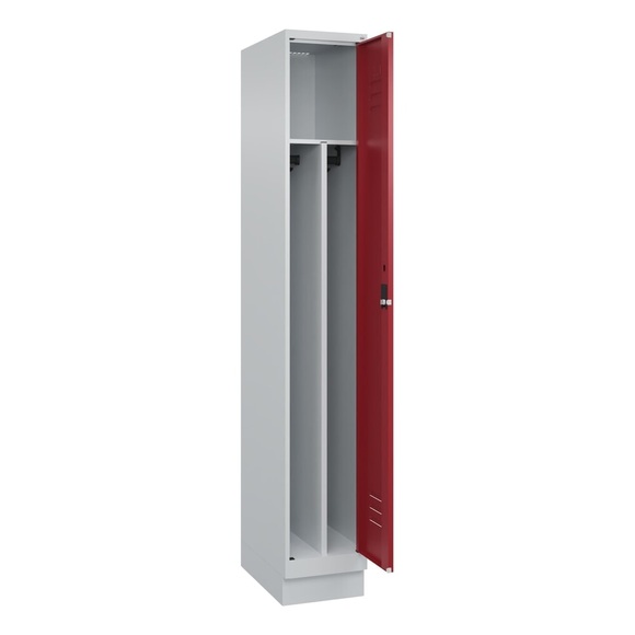 C+P Spind Classic PLUS, Sockel, 1 Abteil, HxBxT 1.950 x 300 x 500 mm, lichtgrau, rubinrot, Zylinderschloss, mit Mitteltrennwand