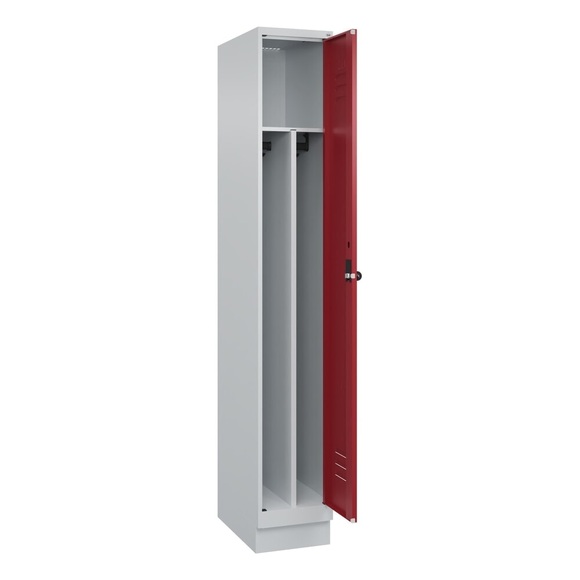 C+P Spind Classic PLUS, Sockel, 1 Abteil, HxBxT 1.950 x 300 x 500 mm, lichtgrau, rubinrot, für Vorhängeschloss, mit Mitteltrennwand