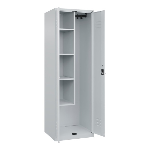 C+P Putzmittelspind Classic PLUS, 1 Abteil, Trennwand mittig, verkürzt, lichtgrau, B 600 mm, mit Bodengleitern, Drehriegel