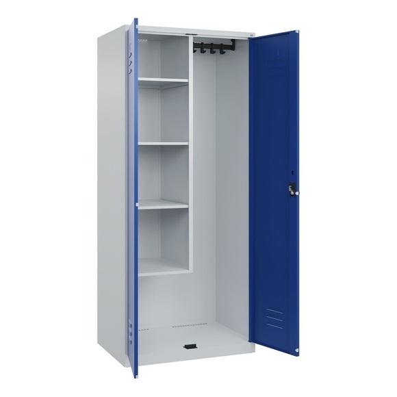 C+P Putzmittelspind Classic PLUS, 1 Abteil, Trennwand mittig, verkürzt, lichtgrau / enzianblau, B 800 mm, mit Bodengleitern, Drehriegel