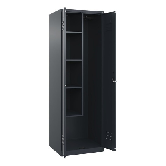 C+P Putzmittelspind Classic PLUS, 1 Abteil, Trennwand mittig, verkürzt, grau, B 600 mm, mit Bodengleitern, Drehriegel
