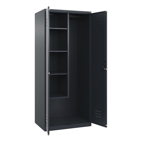 C+P Putzmittelspind Classic PLUS, 1 Abteil, Trennwand mittig, verkürzt, grau, B 800 mm, mit Bodengleitern, Drehriegel
