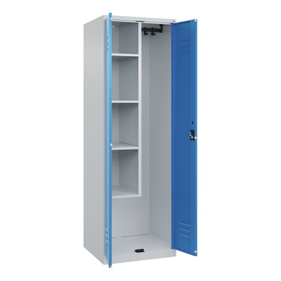 C+P Putzmittelspind Classic PLUS, 1 Abteil, Trennwand mittig, verkürzt, lichtgrau / lichtblau, B 600 mm, mit Bodengleitern, Zylinderschloss