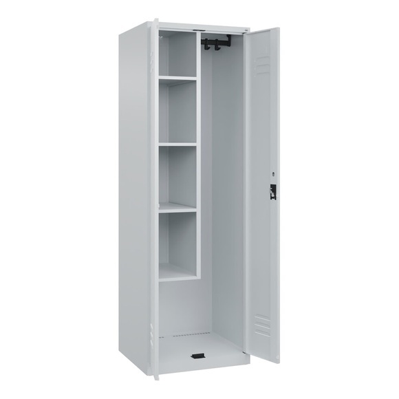 C+P Putzmittelspind Classic PLUS, 1 Abteil, Trennwand mittig, verkürzt, lichtgrau, B 600 mm, mit Bodengleitern, Zylinderschloss
