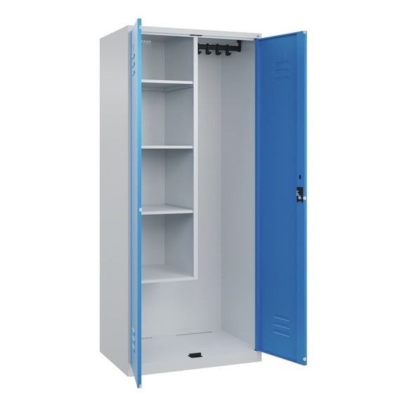 C+P Putzmittelspind Classic PLUS, 1 Abteil, Trennwand mittig, verkürzt, lichtgrau / lichtblau, B 800 mm, mit Bodengleitern, Zylinderschloss