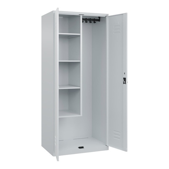 C+P Putzmittelspind Classic PLUS, 1 Abteil, Trennwand mittig, verkürzt, lichtgrau, B 800 mm, mit Bodengleitern, Drehriegel