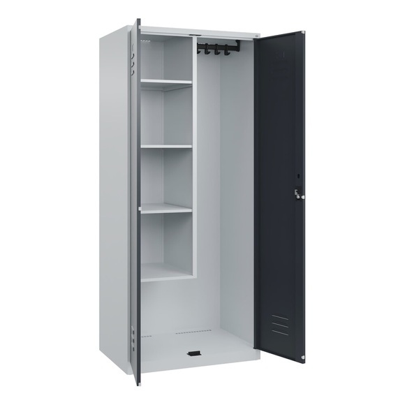 C+P Putzmittelspind Classic PLUS, 1 Abteil, Trennwand mittig, verkürzt, lichtgrau / grau, B 800 mm, mit Bodengleitern, Zylinderschloss