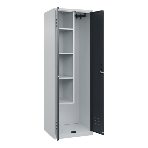 C+P Putzmittelspind Classic PLUS, 1 Abteil, Trennwand mittig, verkürzt, lichtgrau / grau, B 600 mm, mit Bodengleitern, Zylinderschloss