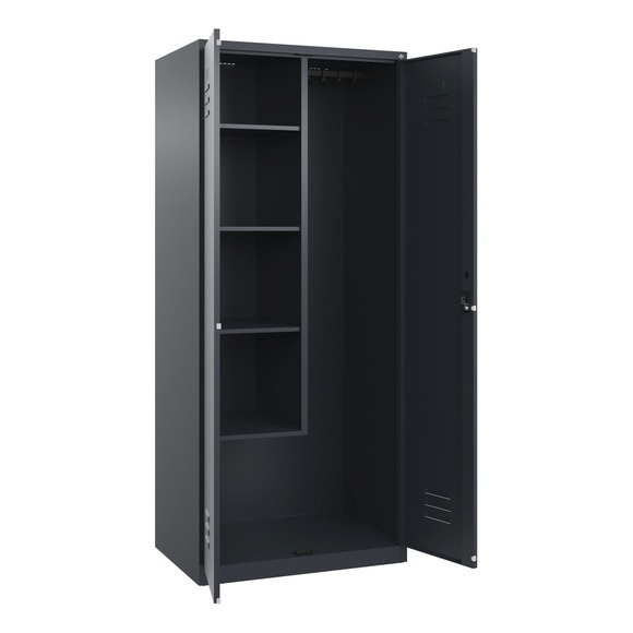 C+P Putzmittelspind Classic PLUS, 1 Abteil, Trennwand mittig, verkürzt, grau, B 800 mm, mit Bodengleitern, Zylinderschloss